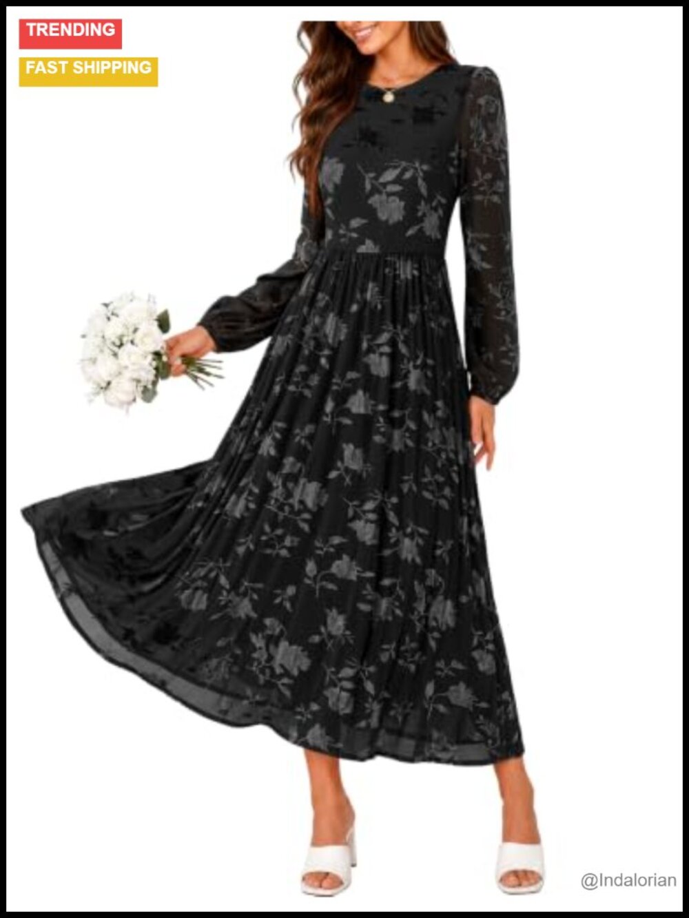 ZESICA Women's Floral Long Sleeve Midi Dress A-Line Fall Wedding Guest